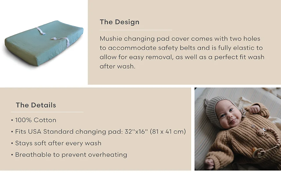 mushie Extra Soft Muslin Fitted Changing Pad Cover (Pale Taupe) - Changing Pad Covers - Fits USA Standard changing pad