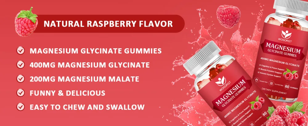 WOGORGT Magnesium Glycinate Gummies 400mg - Raspberry - 60 Gummies - 400mg magnesium glycinate gummies