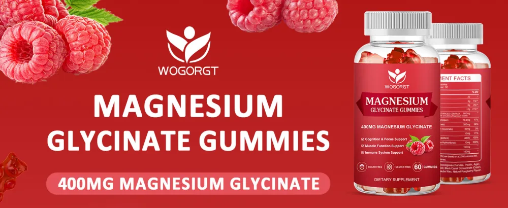 WOGORGT Magnesium Glycinate Gummies 400mg - Raspberry - 60 Gummies - magnesium glycinate