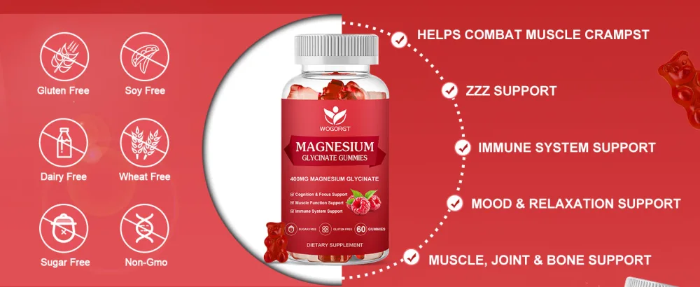 WOGORGT Magnesium Glycinate Gummies 400mg - Raspberry - 60 Gummies - magnesium supplement gummies