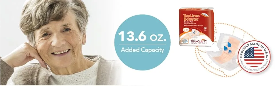 Tranquility TopLiner Booster Pad Medium Diaper Inserts Pk/25 - A woman smiling and holding her hand to her face. Text reads: