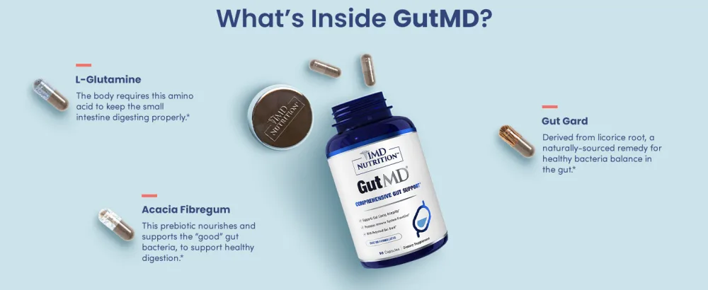1MD Nutrition GutMD L-Glutamine and Prebiotic - Pack of 2 - 90 Capsules - GutMD