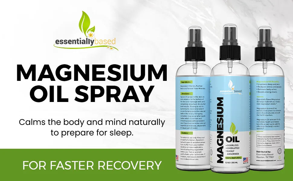 Essentiallybased Pure Magnesium Oil Spray Topical Magnesium Spray for Sleep Extra Strength Less Sting Less Itch 100% Natural and Organic Oil - 12 Fl Oz - Magnesium Oil Spray