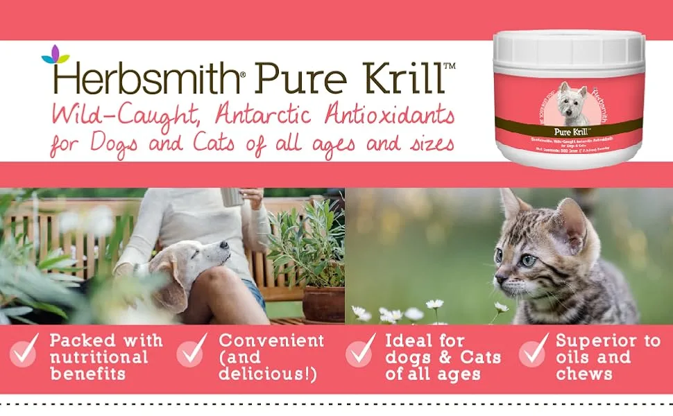 Herbsmith Pure Krill - Wild-Caught Antarctic Krill - Just 1 Ingredient - Astaxanthin for Dogs - Ready-to-Use Omega 3s 75g - krill for dogs