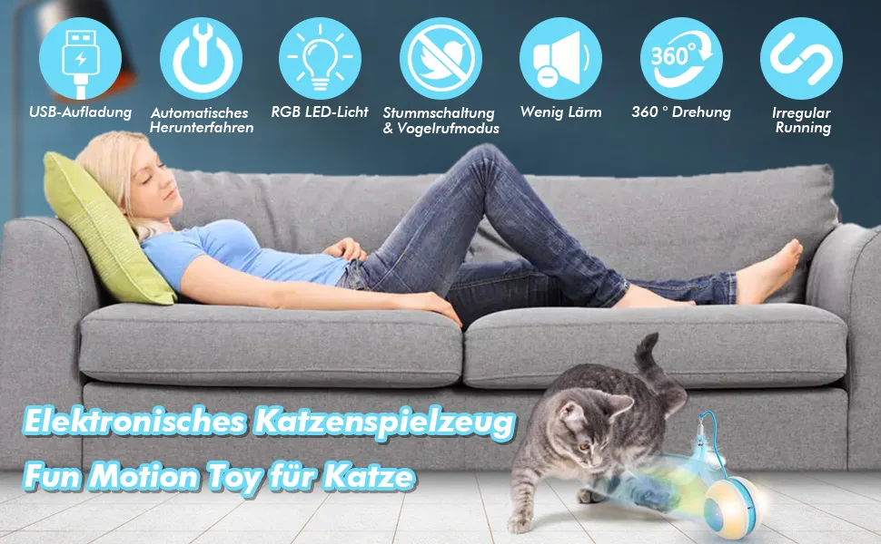 Interactive Cat Ball Toys with Bird Sound, Led Light, Detachable Protective Rubber Shell, USB Charging, Automatic 360 Rolling, 2 Feathers & Bell, Robotic Cat Moving Toys for Indoor Cats - B09W51V9WV