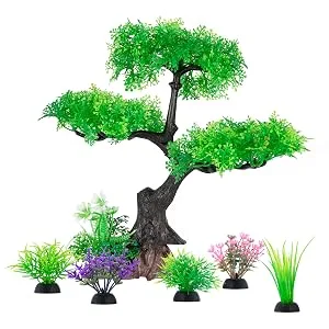 Aquarium Artificial Plastic Plants Decoration, Pink Cherry Blossom Tree & Grass Aquarium Decor, Goldfish Tank Decorations Set, Betta Fish Tank Hides Complete Tree Decoration Accessories Kit(Pink - 6 PCS Fish tank decorations plastic plant suit
