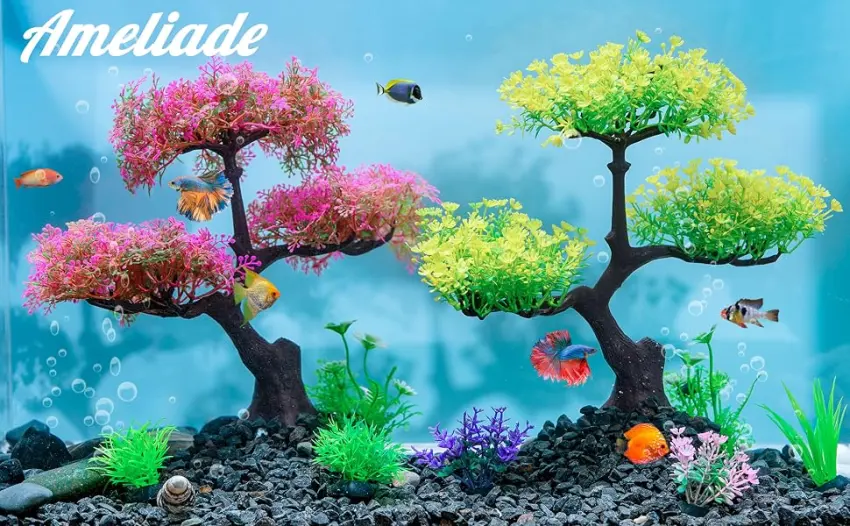 Aquarium Artificial Plastic Plants Decoration, Pink Cherry Blossom Tree & Grass Aquarium Decor, Goldfish Tank Decorations Set, Betta Fish Tank Hides Complete Tree Decoration Accessories Kit(Pink - Aquarium Plastic Plants Decoration