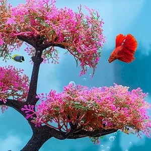 Aquarium Artificial Plastic Plants Decoration, Pink Cherry Blossom Tree & Grass Aquarium Decor, Goldfish Tank Decorations Set, Betta Fish Tank Hides Complete Tree Decoration Accessories Kit(Pink - Soft aquarium plant