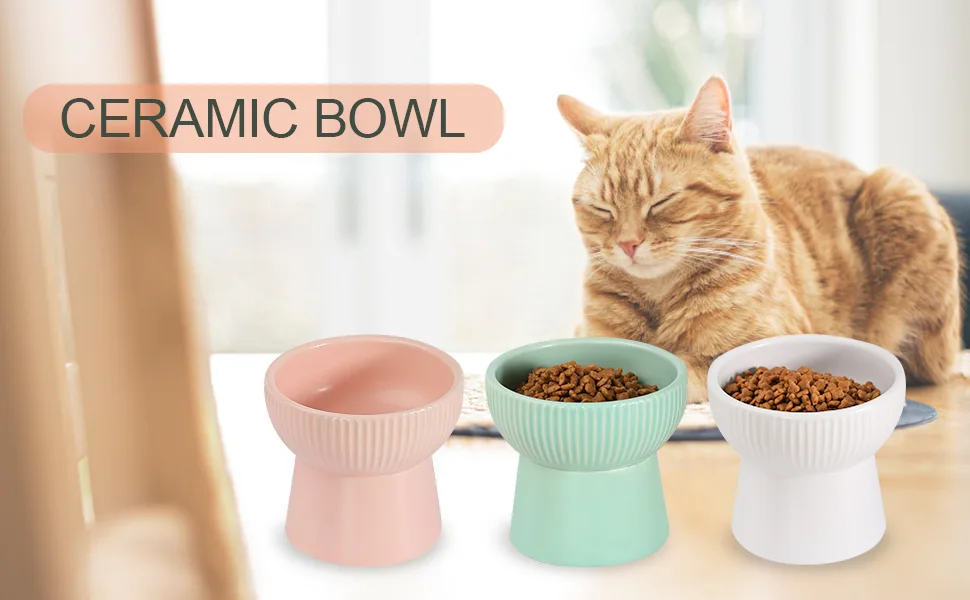Ceramic Raised Cat Bowls, Elevated Food or Water Bowls, Stress Free, Backflow Prevention, Dishwasher and Microwave Safe, Lead & Cadmium Free style 1 White - product information 1
