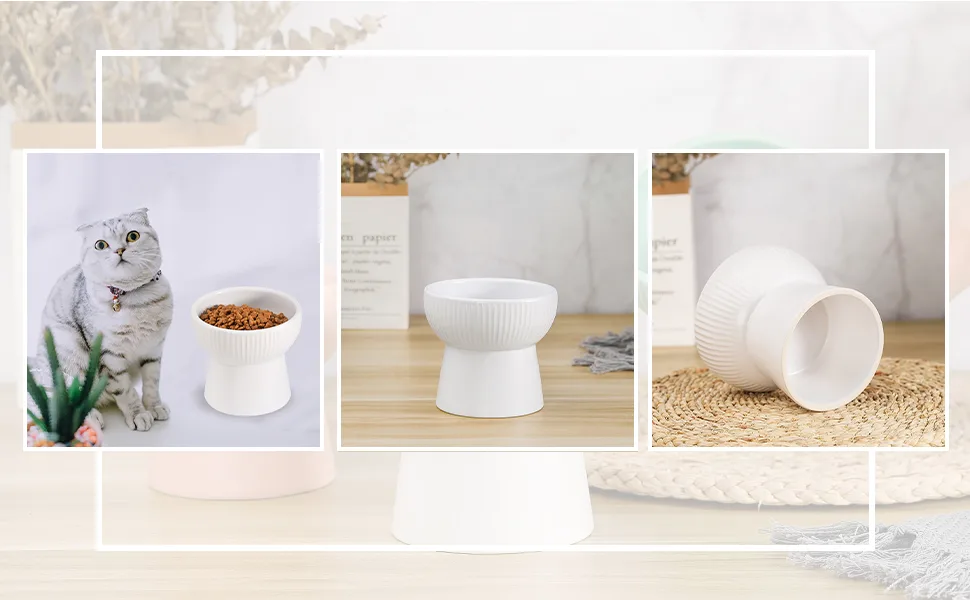 Ceramic Raised Cat Bowls, Elevated Food or Water Bowls, Stress Free, Backflow Prevention, Dishwasher and Microwave Safe, Lead & Cadmium Free style 1 White - product information 3