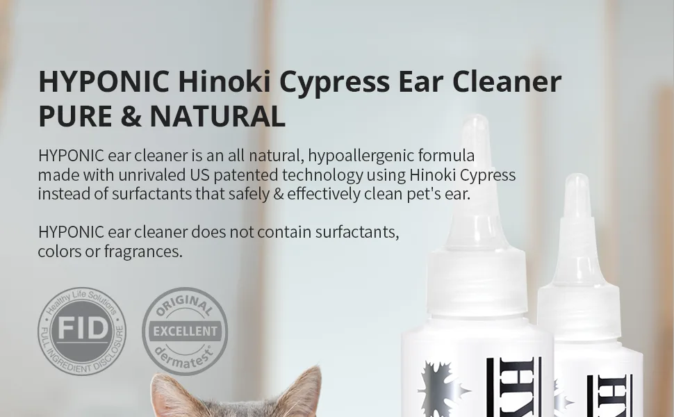 HYPONIC Premium No-Sting Hinoki Cypress Ear Cleaner (for All Cats 4.06 oz) - Cat Ear Cleaning Solution, Cleans and Removes Odors - MAIN IMAGE