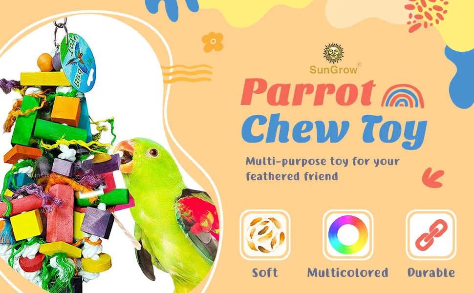 SunGrow Parrot Wooden and Rope Chewing Toy, Multi-Shaped and Multicolored Blocks and Cotton Rope with Hanging Loop 16 Inches - product information 2