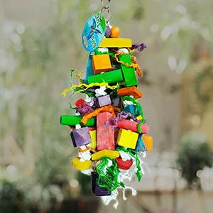 SunGrow Parrot Wooden and Rope Chewing Toy, Multi-Shaped and Multicolored Blocks and Cotton Rope with Hanging Loop 16 Inches - product information 3