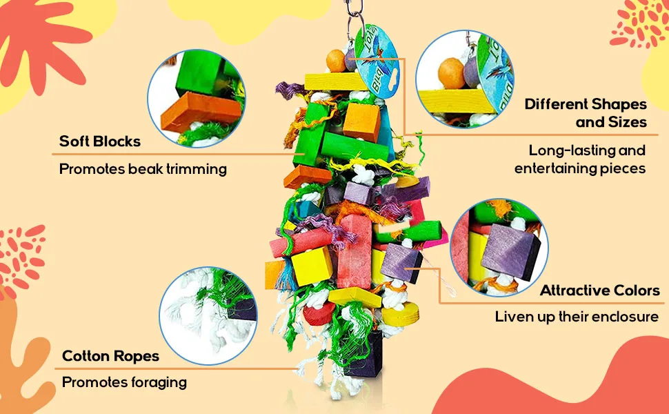 SunGrow Parrot Wooden and Rope Chewing Toy, Multi-Shaped and Multicolored Blocks and Cotton Rope with Hanging Loop 16 Inches - product information 4