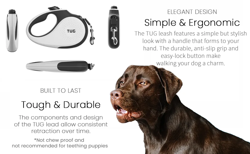 TUG 360 Tangle-Free Retractable Dog Leash with Anti-Slip Handle | 16 ft Strong Nylon Tape | One-Handed Brake, Pause, Lock Medium White - product information 2