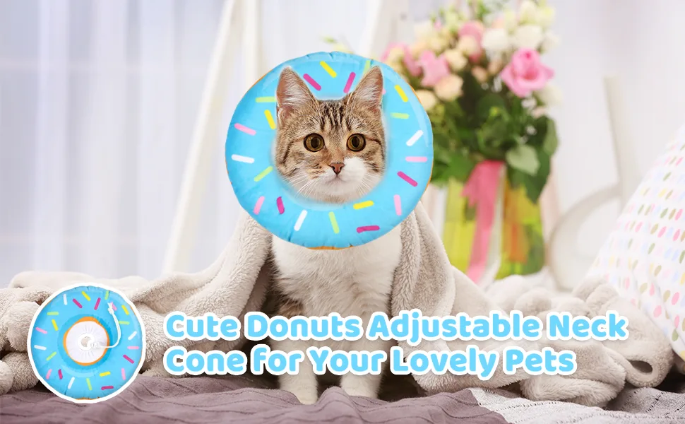 Woiworco Adjustable Cat Recovery Collar, Cute Cat Donut Collar, Soft Cone Collars for Cat, Wound Healing Protective Cone After Surgery Elizabethan Collars for Kitten Pets Medium Blue - Cat Collars