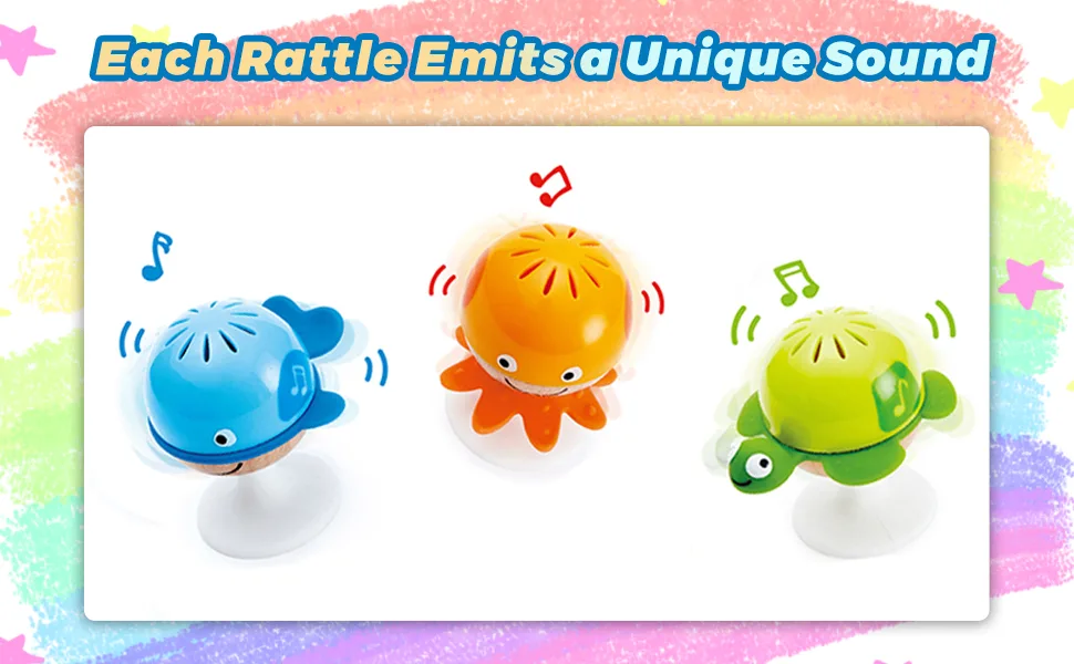 Hape Put-Stay Rattle Set | Three Sea Animal Suction Rattle Toys, Baby Educational Toy Set, Multi, 5'' x 2'' (E0330) - E0330-1