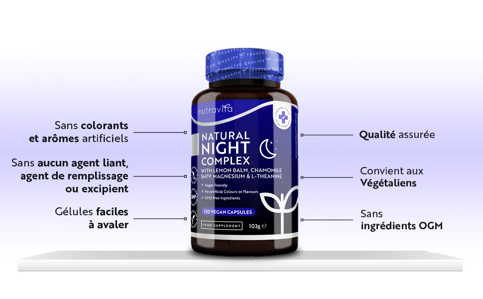Natural Sleep Complex Vegan - For Quiet Nights - Melissa Chamomile Magnesium 187.5mg & Vitamin B12 - 120 Capsules - Melatonin Alternative - Nutravita - Complexe naturel pour la nuit