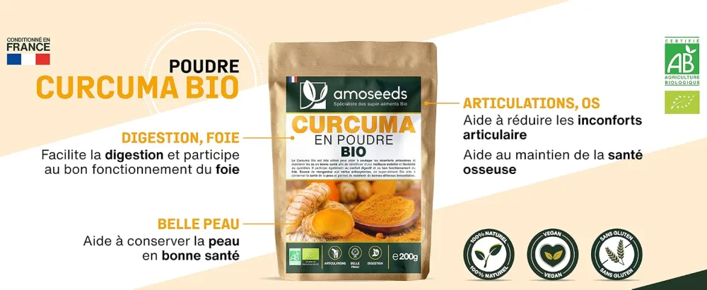 Organic Turmeric Powder 200G | 3% Curcumin | Joints Mobility Digestion Skin | Top Quality - banner desktop curcuma poudre
