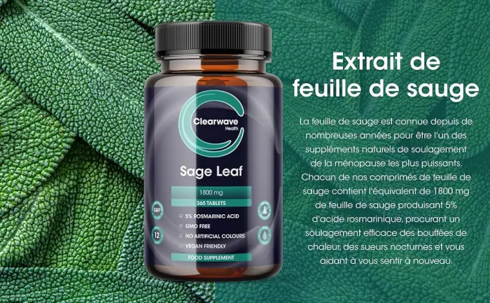 Sage Tablets - 365 Pack - 1 Year Supply - 1800mg High Potency Sage Leaf Tablets - Menopause Support - Vegan - Clearwave Health - comprimés de sauge