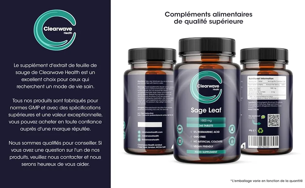 Sage Tablets - 365 Pack - 1 Year Supply - 1800mg High Potency Sage Leaf Tablets - Menopause Support - Vegan - Clearwave Health - supplément de ménopause