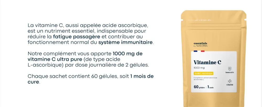 Vitamin C 1000mg Reduces Fatigue and Supports the Immune System 1 Month Cure 60 Vegetable Capsules 100% Pure Ascorbic Aci - Vitamine C Essentials formule