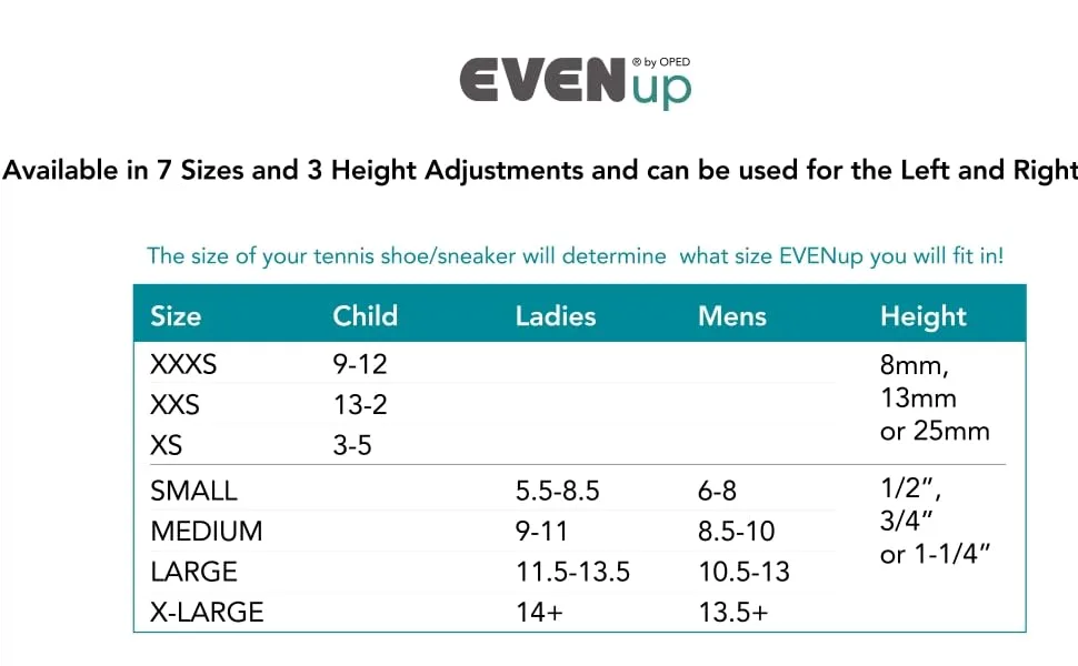 EVENup Original Shoe Balancer And Leveler - Size chart