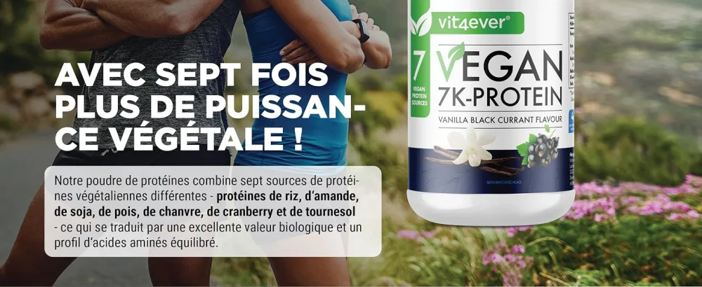 Vegan 7K Protein - 1kg - Vanilla Blackcurrant - Purely vegetable protein powder with proteins from rice almond soy peas h - Front