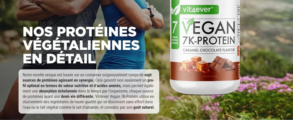 Vegan 7K Protein - 1kg - Caramel Chocolate - Purely Vegetable Protein Powder with Rice Almond Soy Peas Hemp Cranberry an - Nutriments optimaux