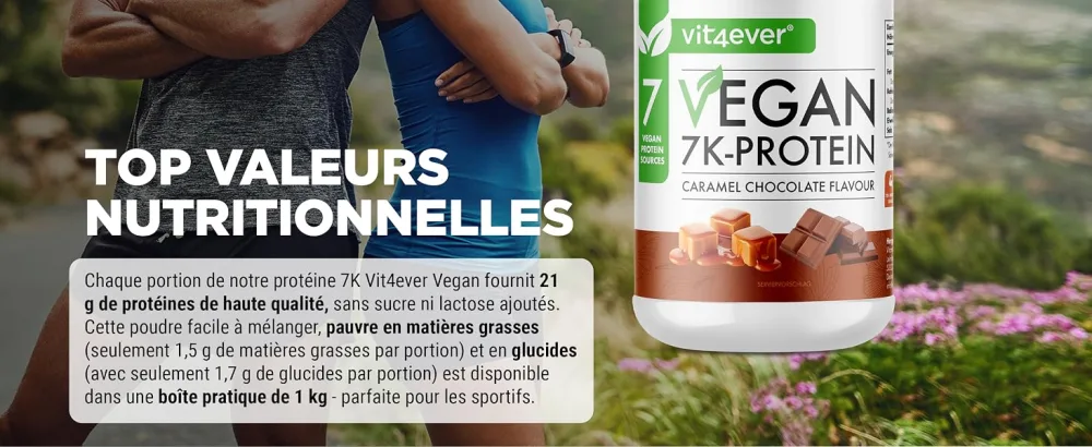 Vegan 7K Protein - 1kg - Caramel Chocolate - Purely Vegetable Protein Powder with Rice Almond Soy Peas Hemp Cranberry an - Riche en protéines
