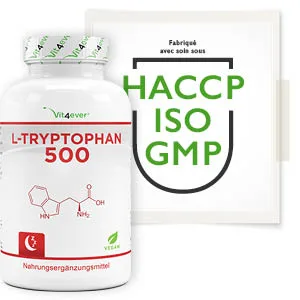 L-Tryptophan 500 mg - 365 Vegetable Fermentation Capsules - 12 Months of Battery Life - No Additives - High Dosed - Vegan - Tryptophan