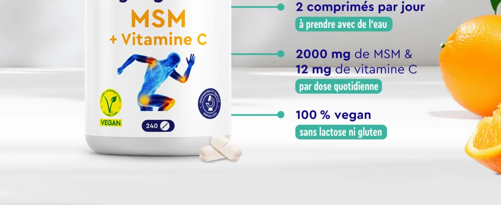 MSM with Vitamin C Bone Complex Joints Skin & Immune System* 2000 mg Methylsulfonylmethane Per Dose 240 Small Tablets Alternative to MSM Powder and MSM Capsules - collagene et acide hyaluronique