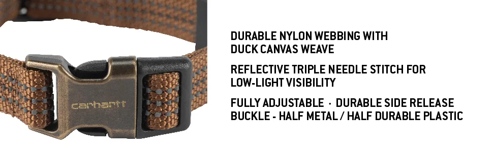 Carhartt Pet Fully Adjustable Webbing Collars for Dogs, Reflective Stitching for Visibility Medium Brown/Brushed Brass - durable webbing fully adjustable