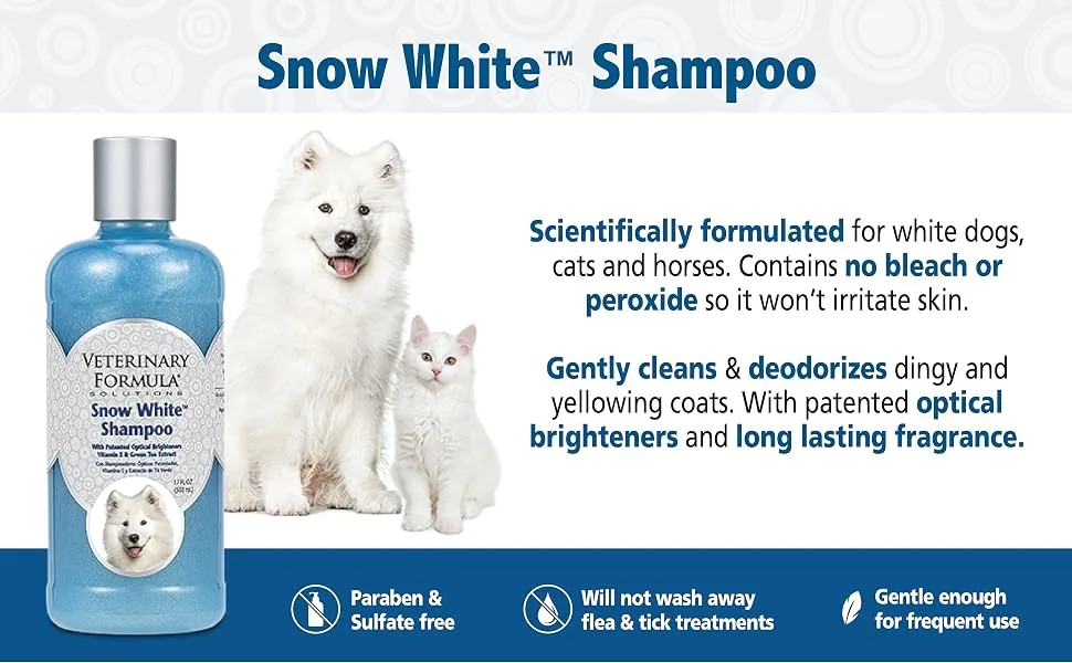 Veterinary Formula Solutions Snow White Shampoo for Dogs and Cats  Safely Remove Stains Without Bleach or Peroxide  Gently Cleanses, Deodorizes and Brightens White Coat  Fresh Scent 17 oz Shampoo - snow white shampoo