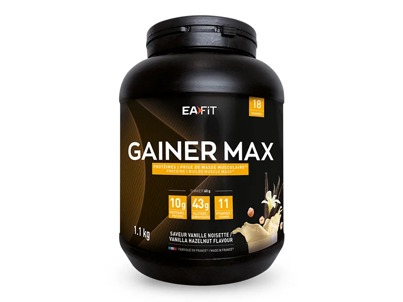 Eafit GAINER MAX 1.1 kg Vanilla Hazelnut Eco Format 6 Pots - Bodybuilding Protein - Whey + Egg - Mass Gain - Mineral Vitamins - 108 Servings - Certified Anti-Doping - Black - 6 x 1.1 kg - gainer max vanille noisette