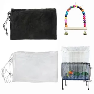 BKDMZZMY Bird Cage Seed Catcher, 2 Pack Large Bird Cage Covers, Birdcage Nylon Mesh with Swing Stretchy Shell Adjustable Drawstring Parrot Cage Skirt Traps Cage Soft Airy Net (White and Black) - birdcage cover