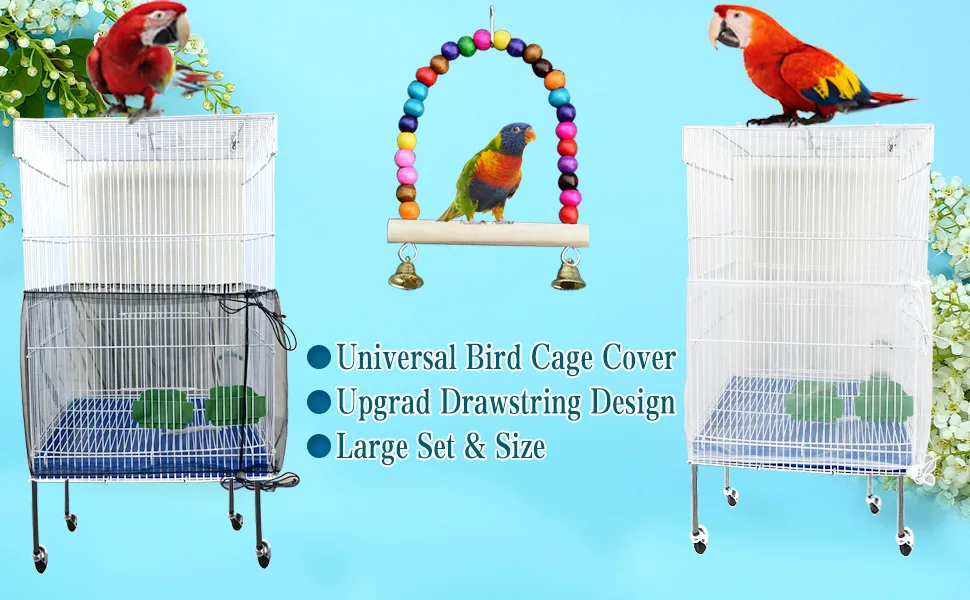 BKDMZZMY Bird Cage Seed Catcher, 2 Pack Large Bird Cage Covers, Birdcage Nylon Mesh with Swing Stretchy Shell Adjustable Drawstring Parrot Cage Skirt Traps Cage Soft Airy Net (White and Black) - large bird cage covers