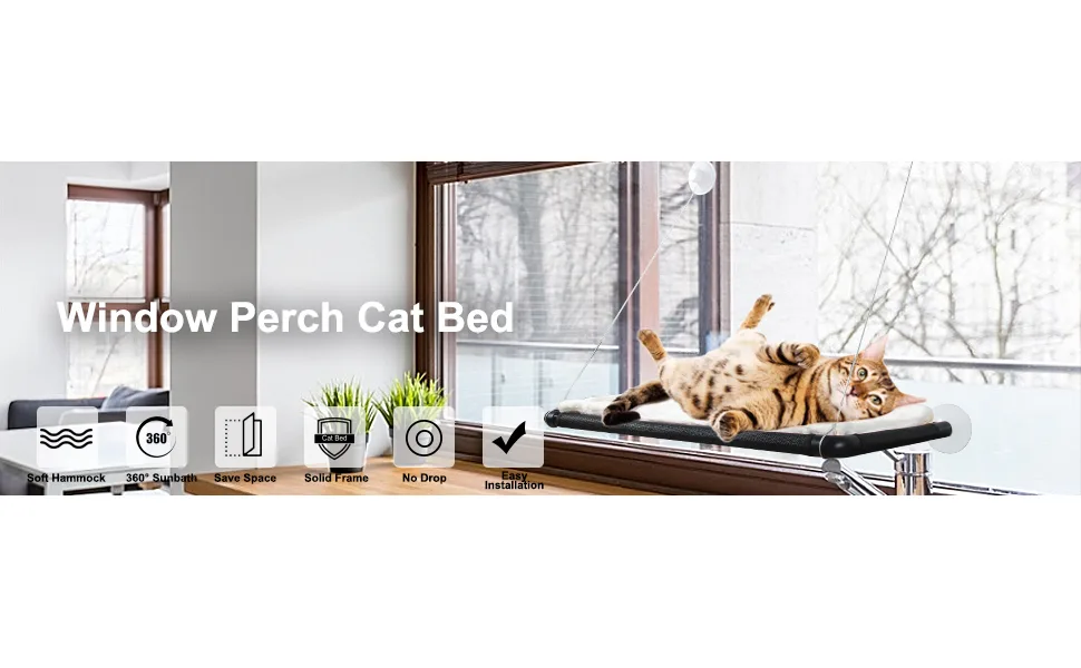 Cat Window Perches, Cat Hammock Window Seat, Cat Bed with Blanket, 360 Sunbath Cat Window Perch for Small and Large Cats - Main picture