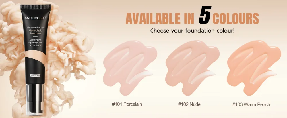 Anglicolor Soft Matte Liquid Foundation Full Coverage Control Foundation Flawless Soft Durable Waterproof Foundation for Oily & Acne Skin 30 ml (101#Porcelain) - BB Creme Fond De Teint