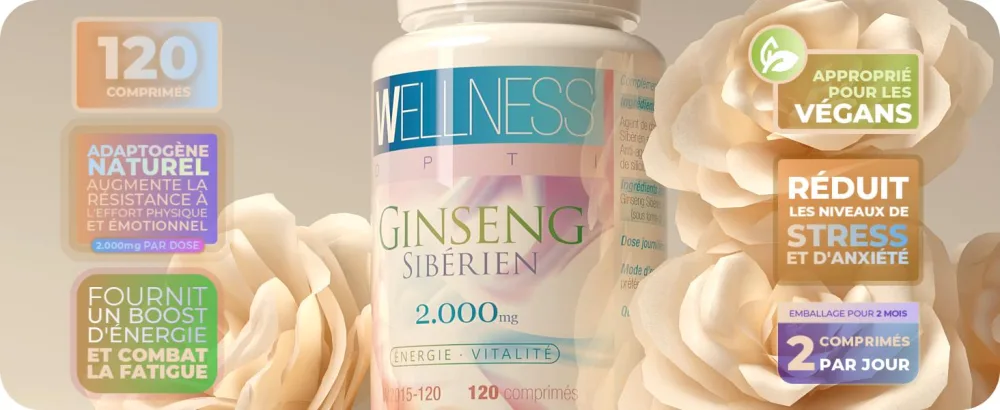 WELLNESS OPTI Siberian Ginseng - 120 Tablets - Natural Energizer for Two Months Use - Daily Dose 2000 mg - Support Your Daily Activity and Mental Performance - Ginseng siberiano