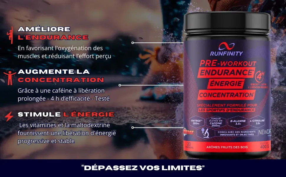 Pre Workout Runfinity | Long-Lasting Energy Booster 4H Effective Guaranteed | Maximum Performance Endurance Energy & Concentration | Clinically Tested Premium Formula | Made in France - Pre workout running
