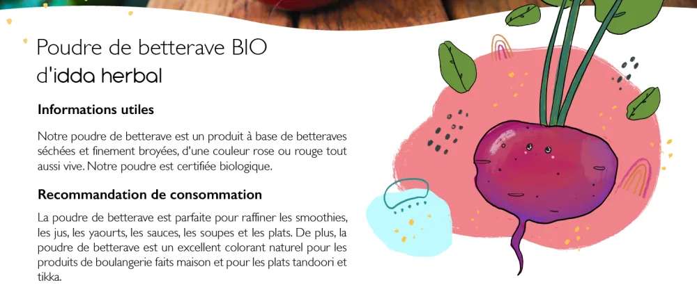 Organic Beetroot Powder (500g) Ground Beetroot Beetroot Powder from Organic Farming 100% Natural and Pure Vegan - Poudre de betterave BIO idda herbal fr