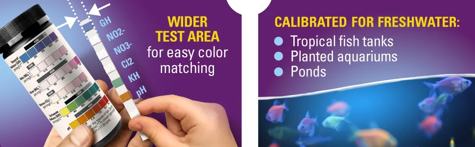 Freshwater Aquarium Test Strips 6 in 1 - Fish Tank Test Kit for Testing pH Nitrite Nitrate Chlorine General & Carbonate Hardness (GH & KH) - Easy to Read Wide Strips & Full Water Testing Guide, 116 Ct - aquarium freshwater test