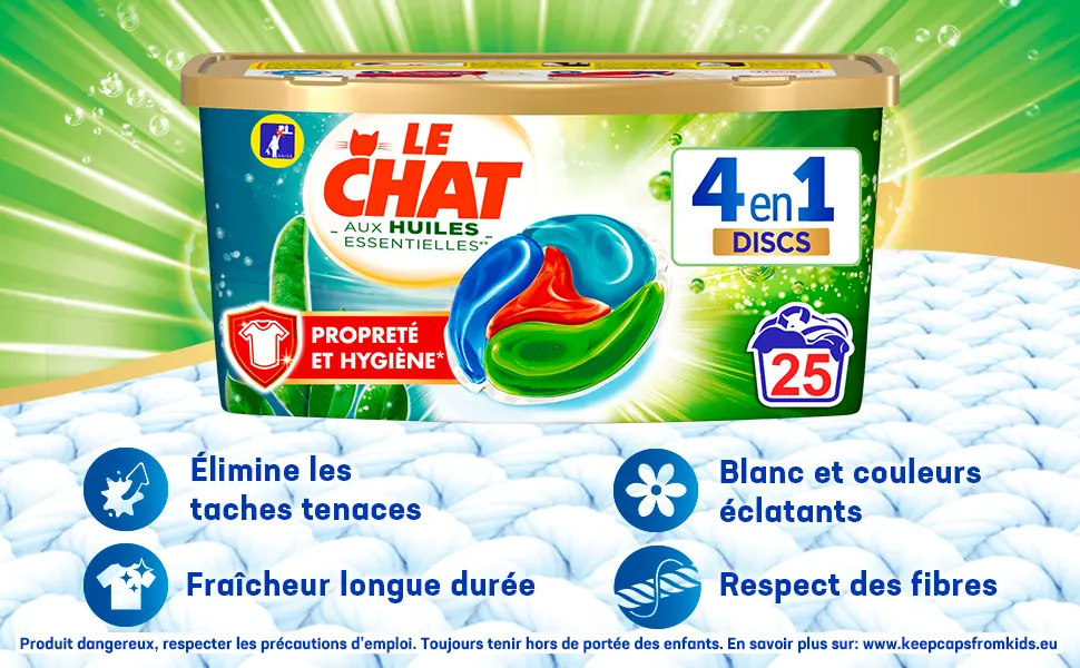 Le Chat Discs Essential Oils Cleanliness & Hygiene Laundry Detergent Capsules 25 Washes (25 doses) 4in1 Laundry Capsules - bicarbonate lessive tache désincruste blanc lumineux couleurs éclatantes