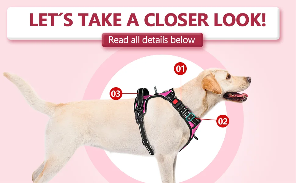 PoyPet No Pull Dog Harness, No Choke Front Lead Dog Reflective Harness, Adjustable Soft Padded Pet Vest with Easy Control Handle for Small to Large Dogs Medium Pink - harness