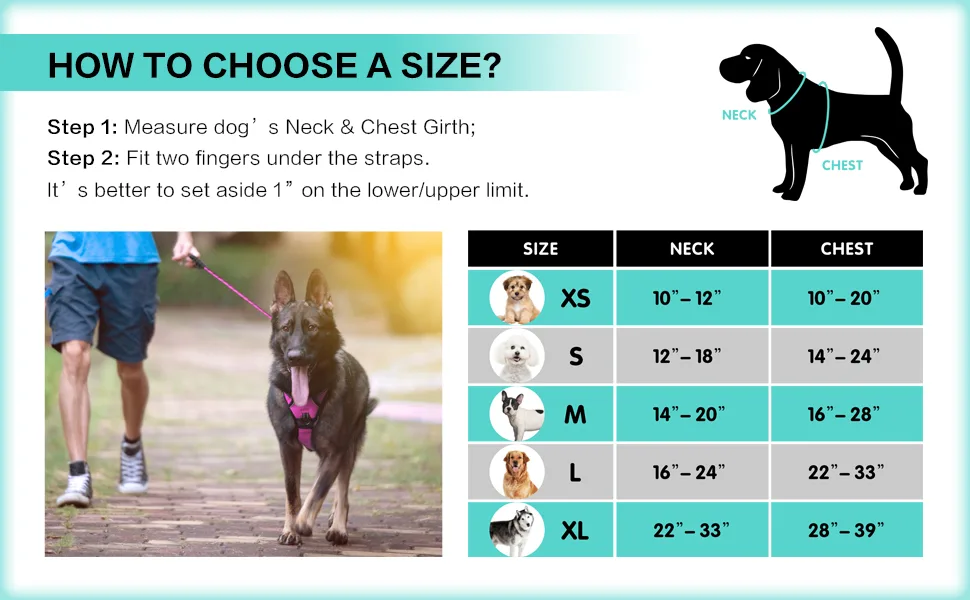 PoyPet No Pull Dog Harness, No Choke Front Lead Dog Reflective Harness, Adjustable Soft Padded Pet Vest with Easy Control Handle for Small to Large Dogs Medium Pink - harness size