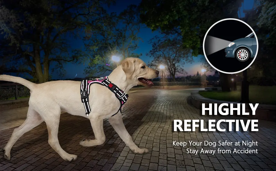 PoyPet No Pull Dog Harness, No Choke Front Lead Dog Reflective Harness, Adjustable Soft Padded Pet Vest with Easy Control Handle for Small to Large Dogs Medium Pink - reflective