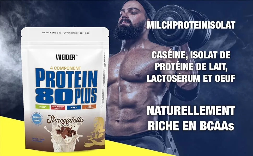 WEIDER Protein 80 Plus Protein Powder Stracciatella Low Carb Multi-Component Casein Whey Blend for Protein Shakes 500g - weider