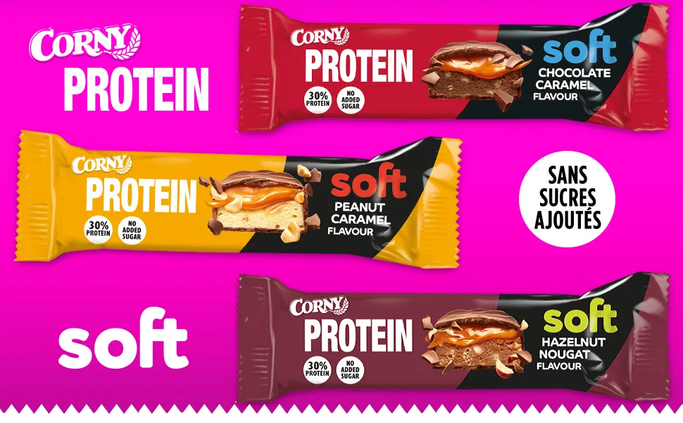 Corny Protein Soft- Milk Chocolate Protein Bars Hazelnuts and Nougat Taste 30% Protein 0% Added Sugars Pack of 12x45g Ta - bar protein barre protéique proteines