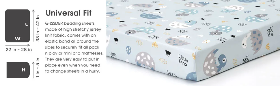 GRSSDER Stretchy Ultra Soft Jersey Knit Fitted Pack n Play Sheets Set 2 Pack, Portable/Mini Cribs Sheets, Happy Dinosaurs for Girls and Boys Blue - crib sheet